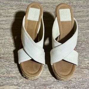 Tory Burch Kristin Criss Cross Cream Canvas Crisscross Espadrille Wedges & Gold